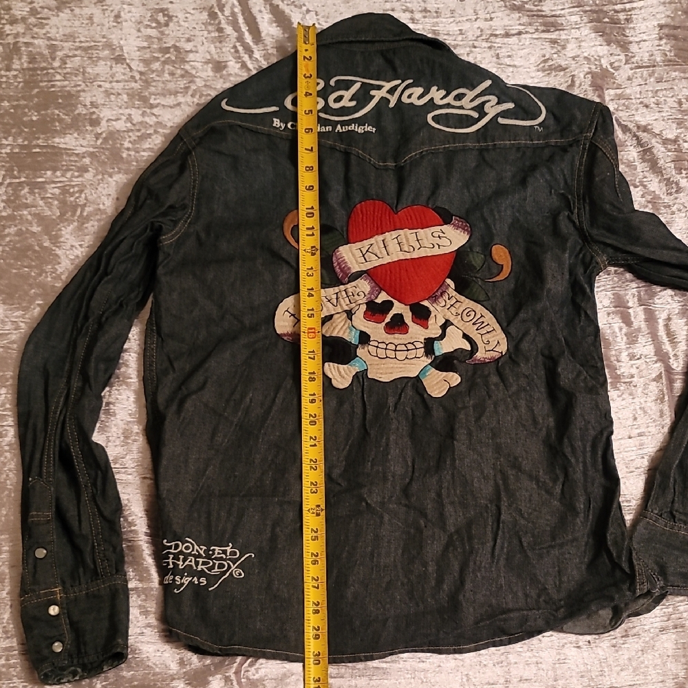 Rare Ed Hardy Men's Large Snap Pearl Dark Denim Shirt - Picture 10 of 10